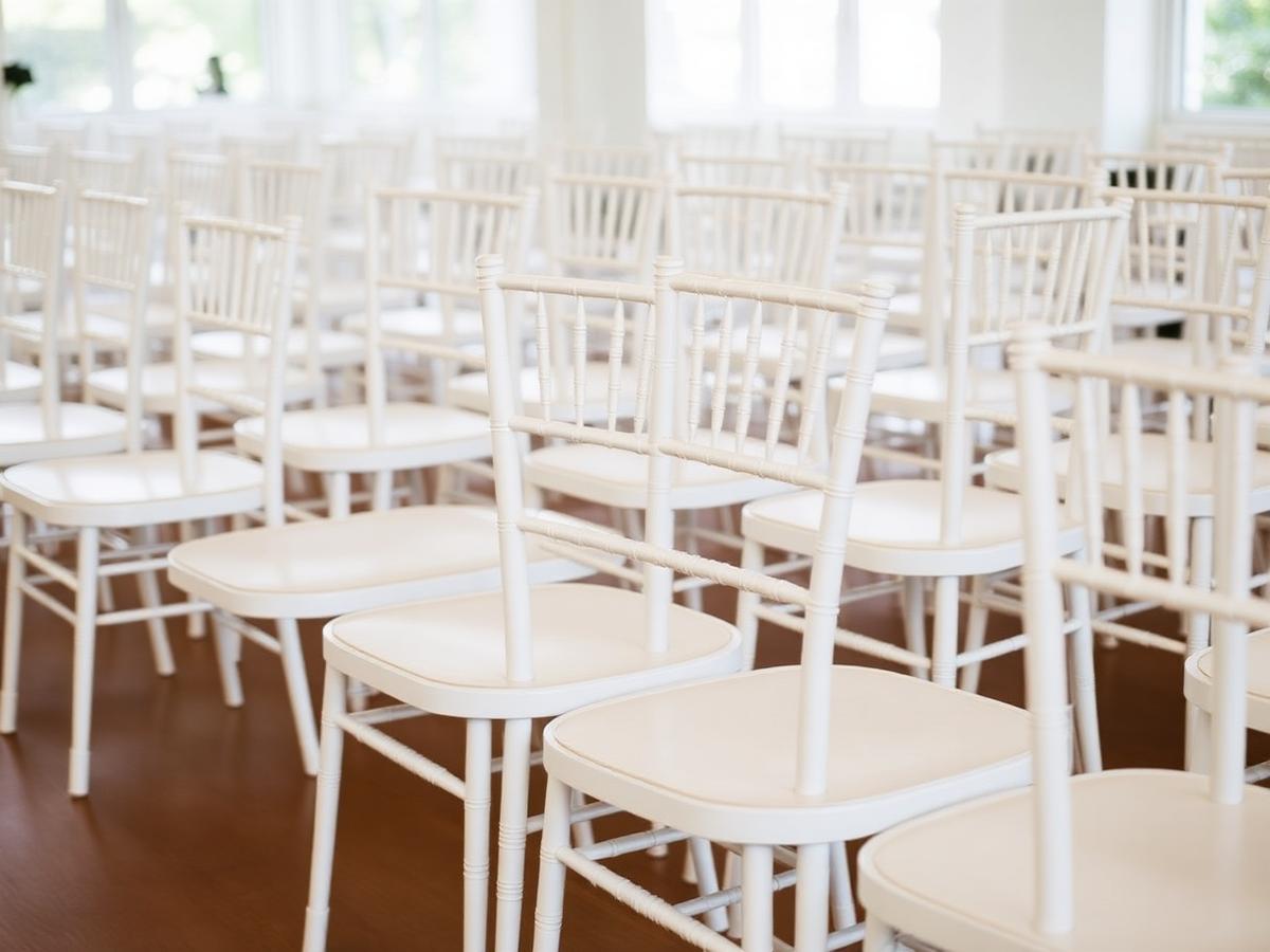 Rows of white chiavari chairs