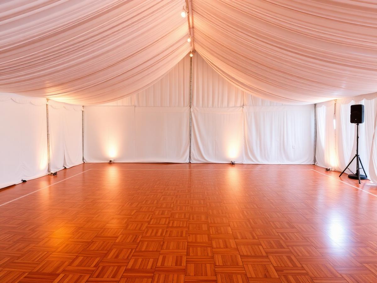 Dance floor inside white tent with uplighting