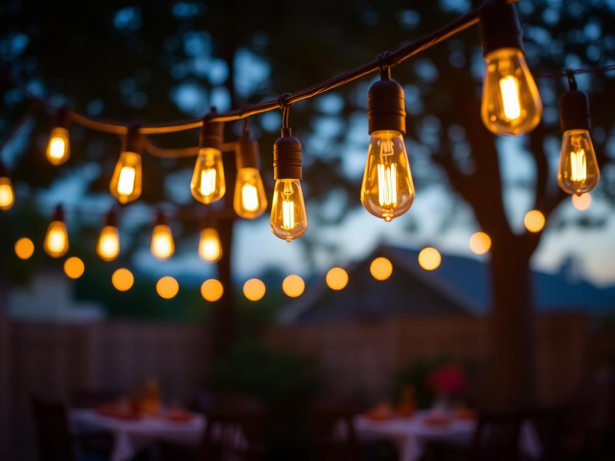 Edison string lights over an outdoor patio