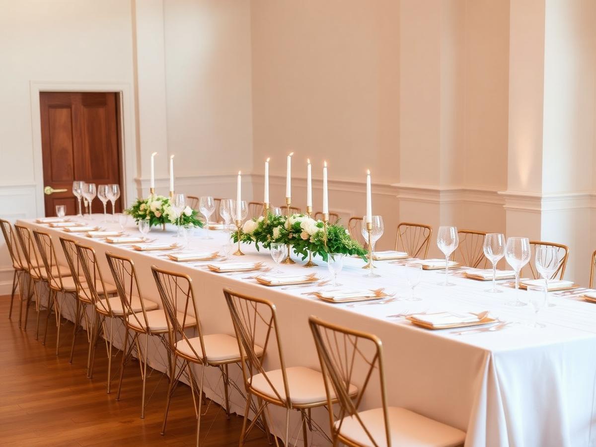 Long banquet table with linens and candles