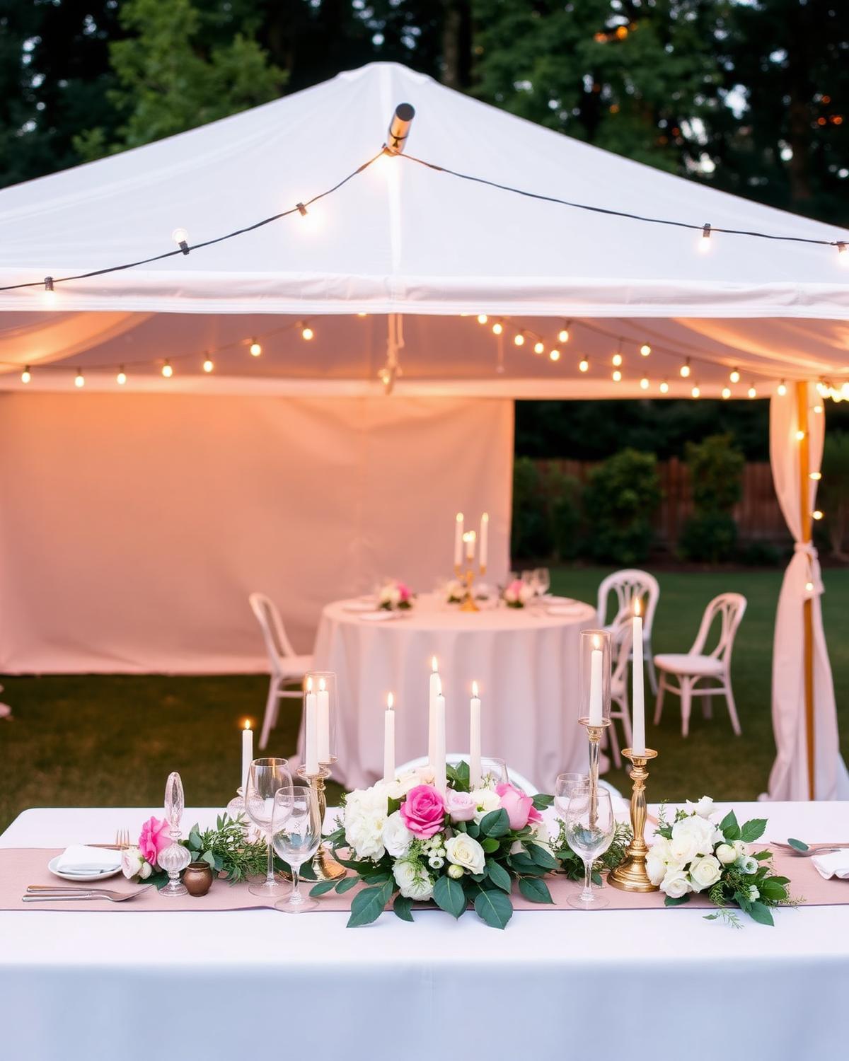 Backyard event setup with tent, table, and warm lighting