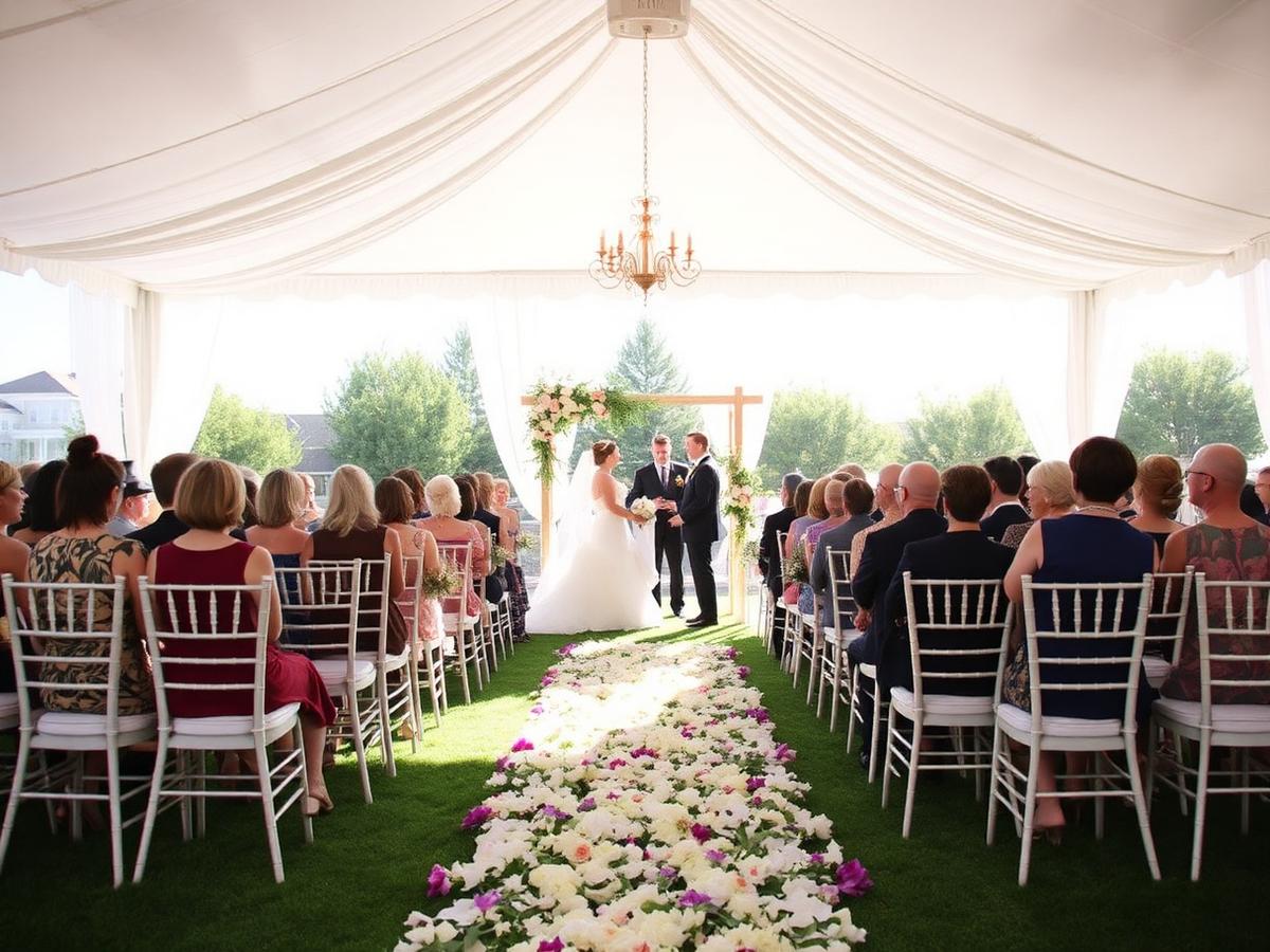 Wedding ceremony under white tent