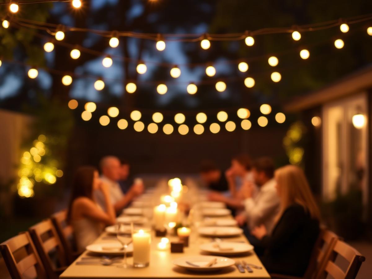 Backyard dinner party with warm string lights