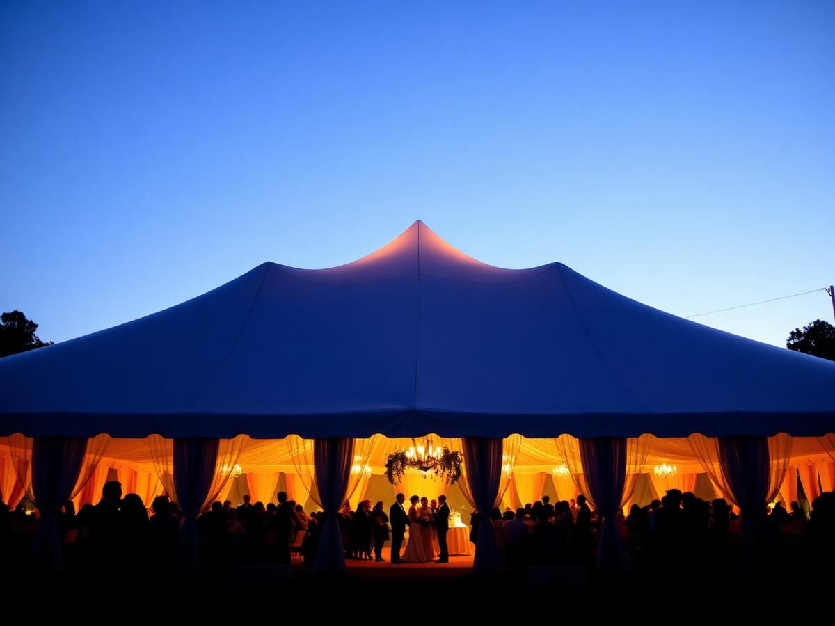 Illuminated wedding tent at twilight